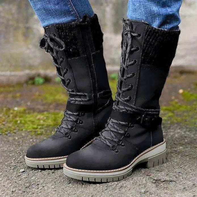Women's Mid-Calf Winter Boots, Knit Cuff Lace-Up with Buckle