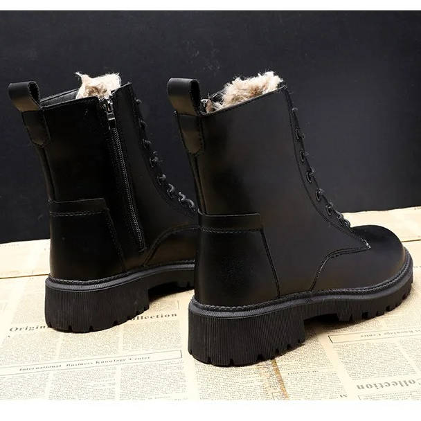 Women's Fur Lined Combat Boots, Lace-Up Chunky Sole