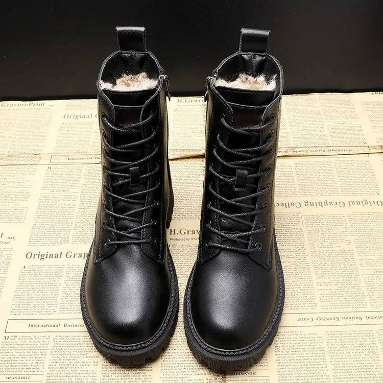 Women's Fur Lined Combat Boots, Lace-Up Chunky Sole