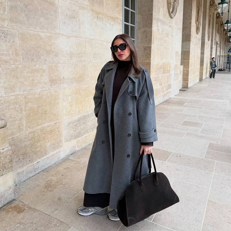 Lace-Up Double-Breasted Wool Overcoat for Women