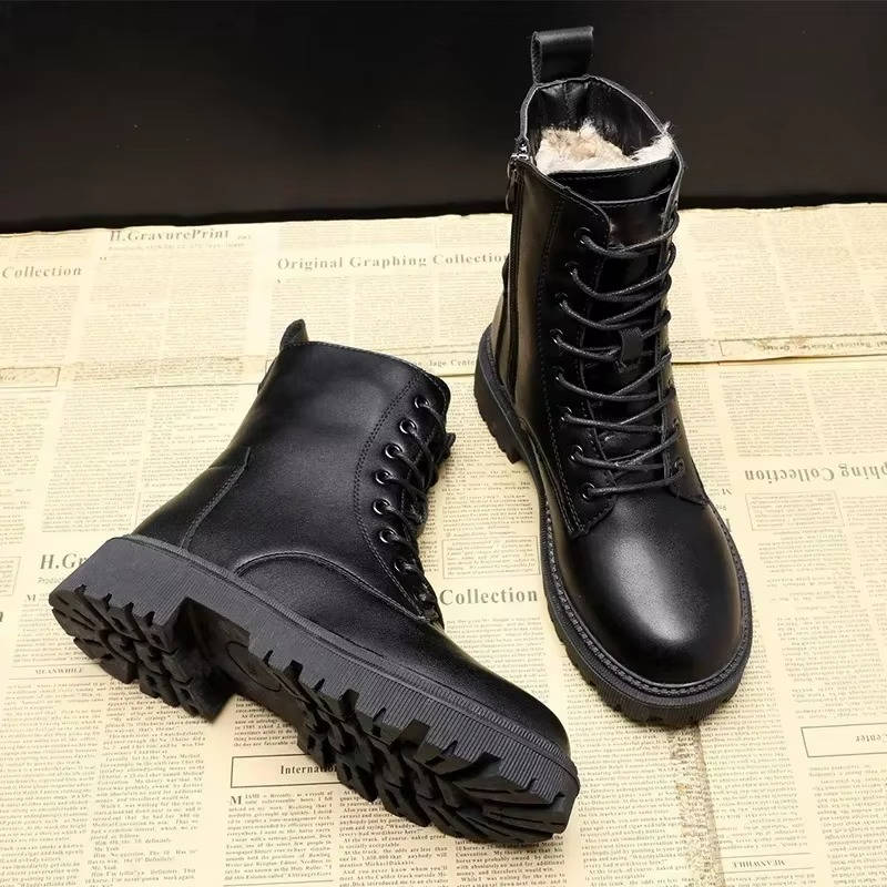 Women's Fur Lined Combat Boots, Lace-Up Chunky Sole