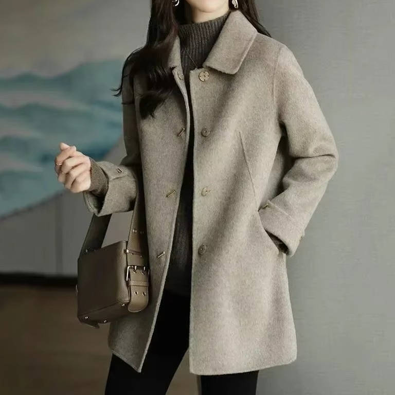 Belted Double-Breasted Short Wool Coat for Women