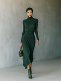 Women's Dark Green Knit Wrap Midi Dress High Neck Stretch 2