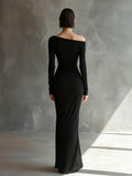 Women's Black Jersey Maxi Dress Off-Shoulder Ruched Slit 6