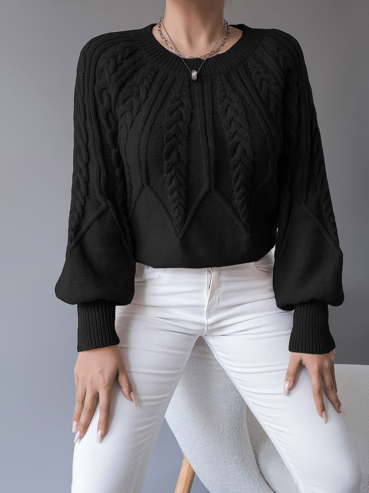 Tilda | Cropped Cable Knit Sweater with Lantern Sleeves for Women