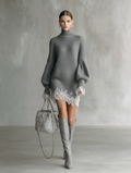 Women's Grey Knitted White Lace Turtleneck Comfortable Mini Dress 2