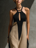 Women's Cotton Blend Halter Neck Midi Dress Color Block Keyhole Cutout 3