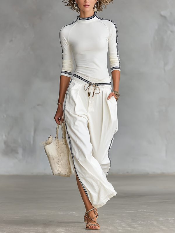 Half-High Neck Long Sleeve T-Shirt and Drawstring Wide-Leg Pants Set