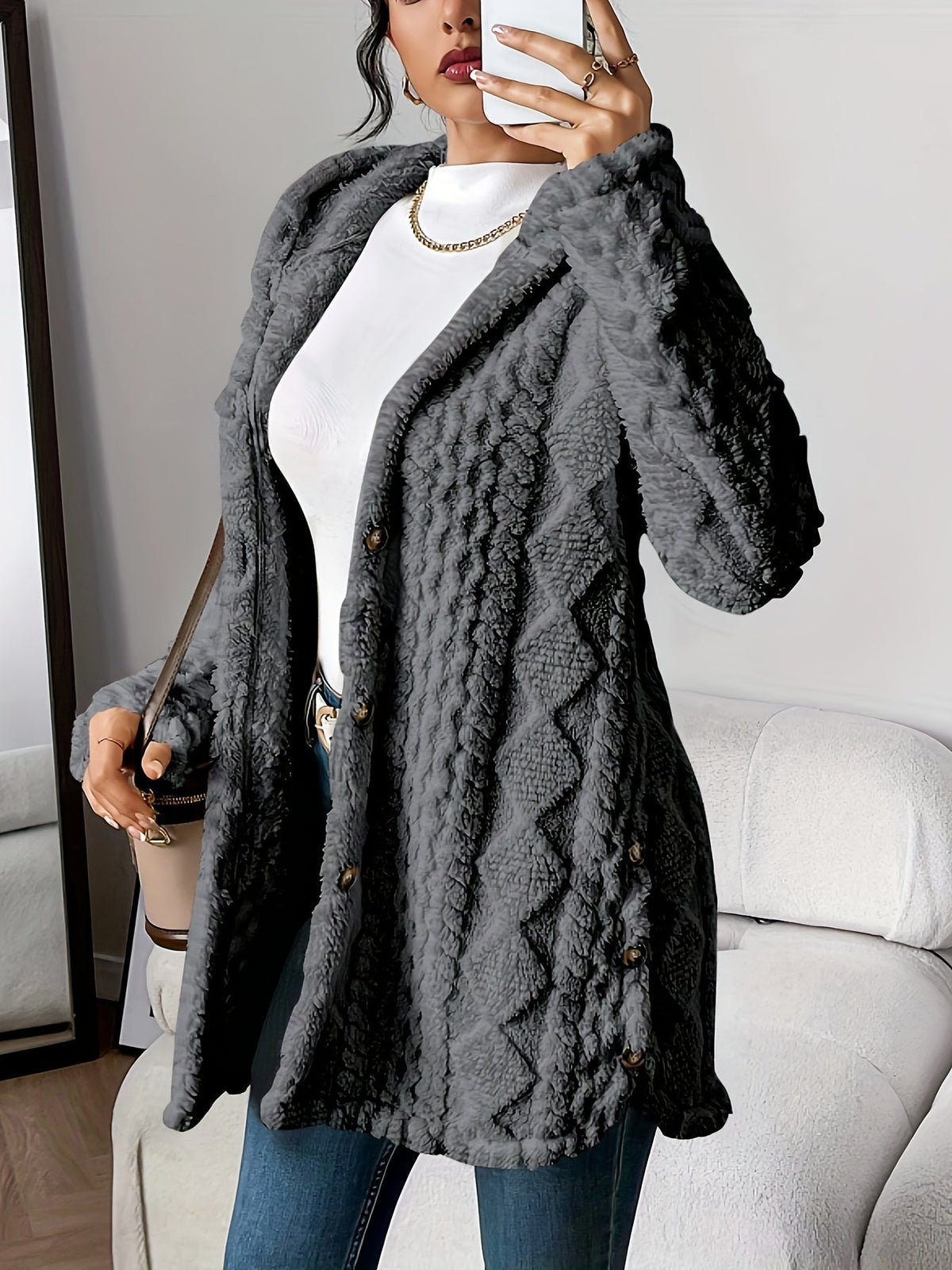 Women's Hooded Cardigan, Cable Knit Button Front