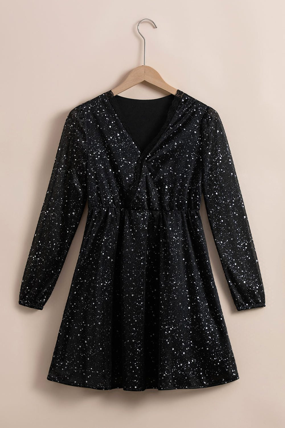 Women's Black Sequin Dress, Wrap V-Neck Long Sleeve Mini