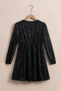 Women's Black Sequin Dress, Wrap V-Neck Long Sleeve Mini 13