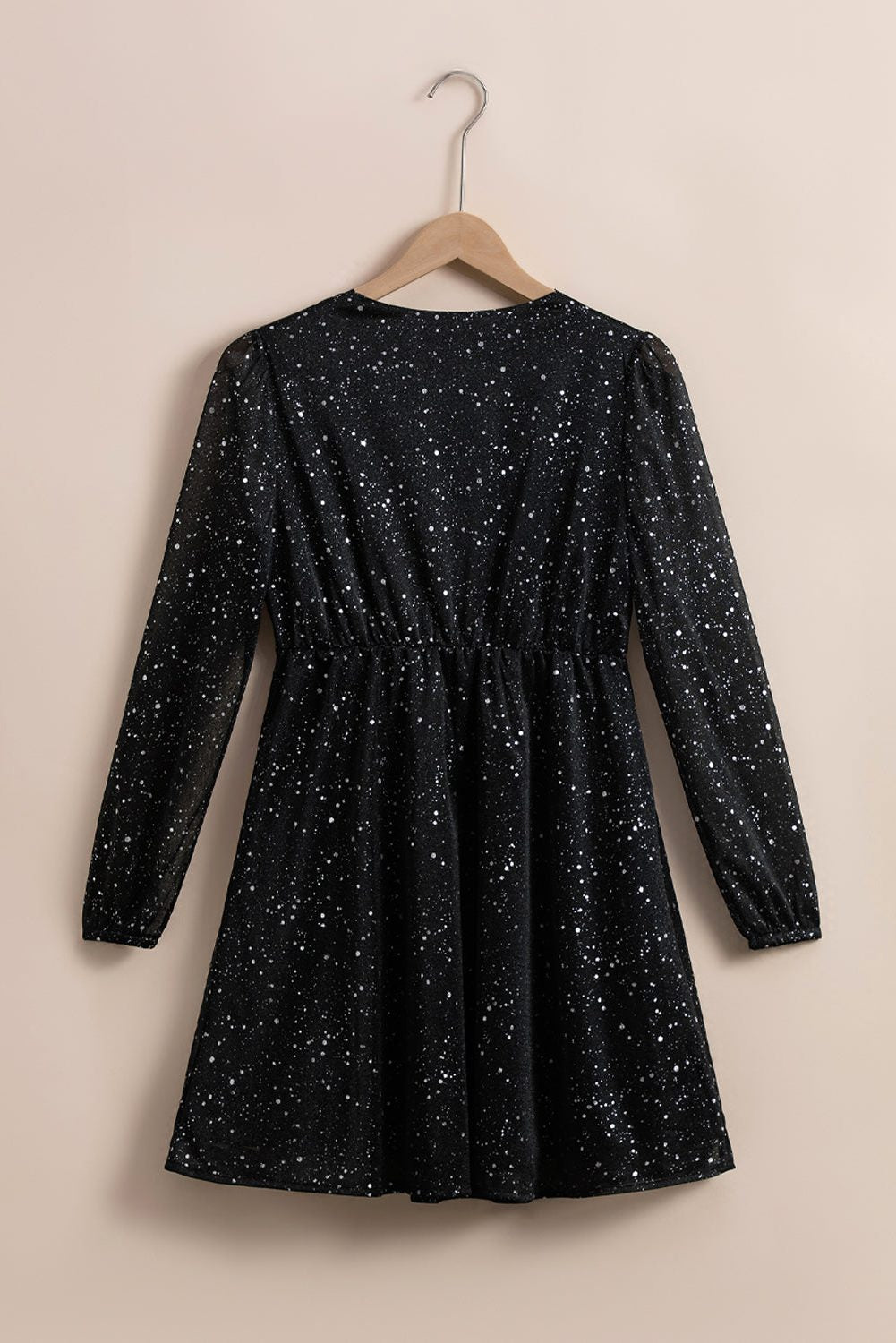 Women's Black Sequin Dress, Wrap V-Neck Long Sleeve Mini