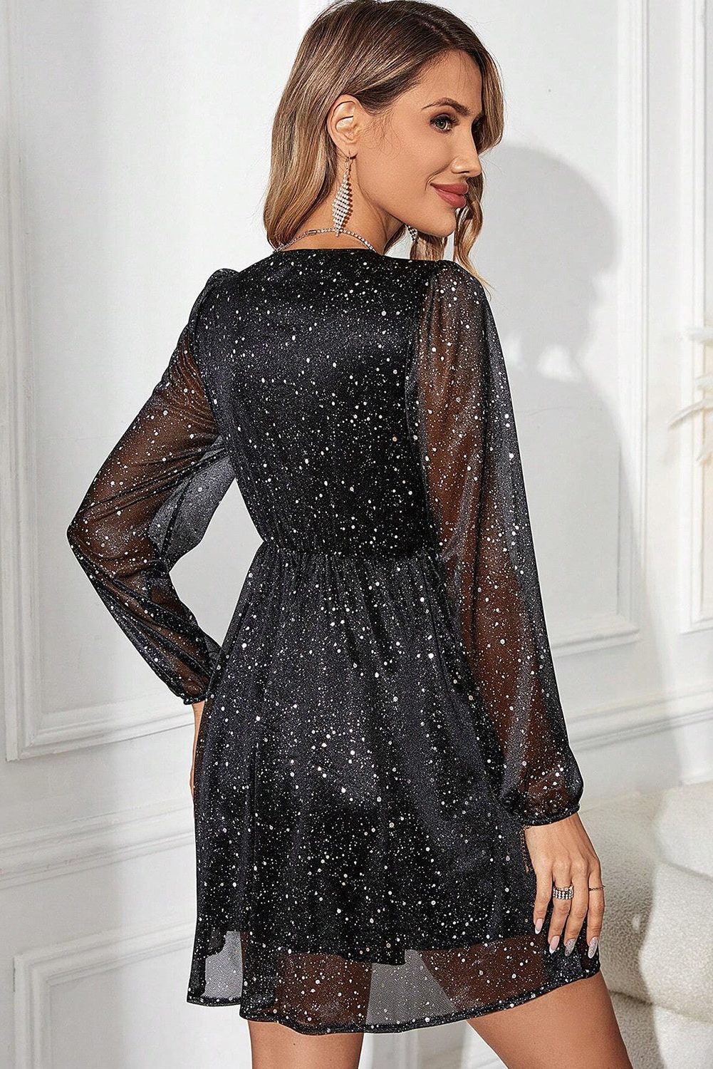 Women's Black Sequin Dress, Wrap V-Neck Long Sleeve Mini
