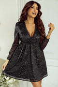 Eleonora | Black Sequin Wrap V-Neck Long Sleeve Dress for Women 6