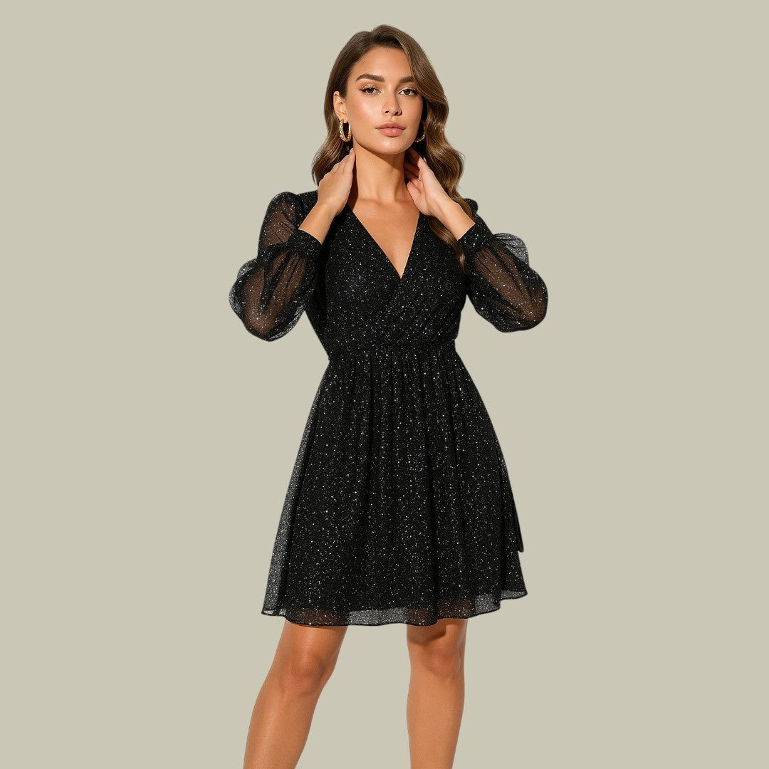 Women's Sequin Wrap Party Dress, Sheer Long Sleeve Mini