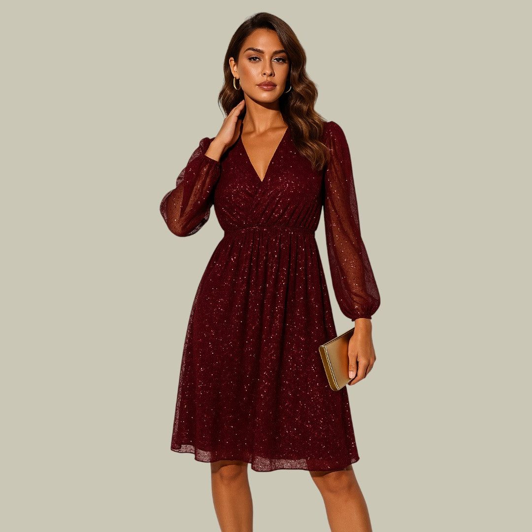 Women's Sequin Wrap Party Dress, Sheer Long Sleeve Mini