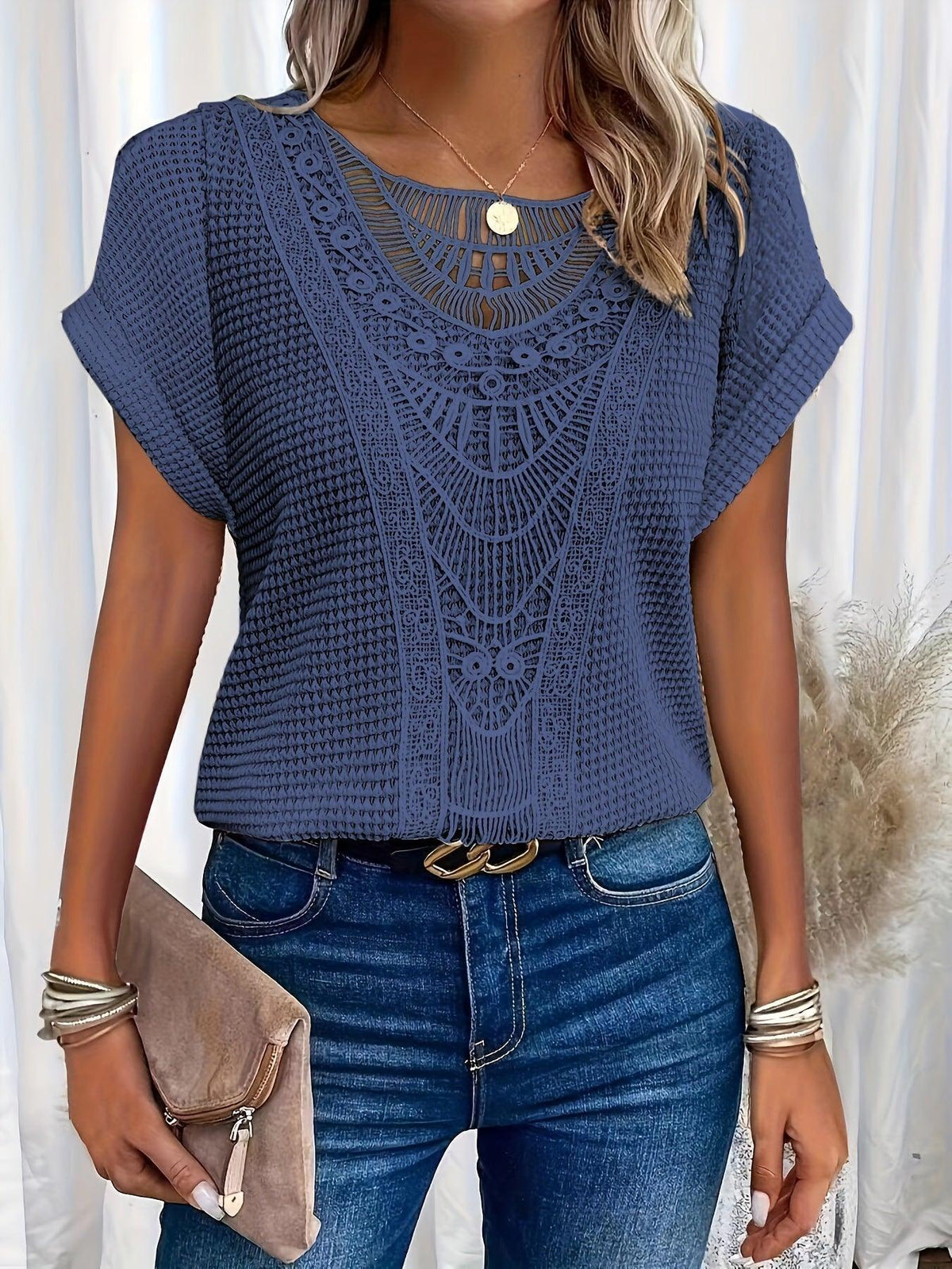 Svea | Chic Women's Crochet Knit Short Sleeve Top