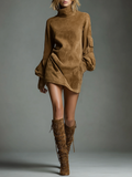 Vintage Suede Turtleneck Loose Mini Dress for Women 1