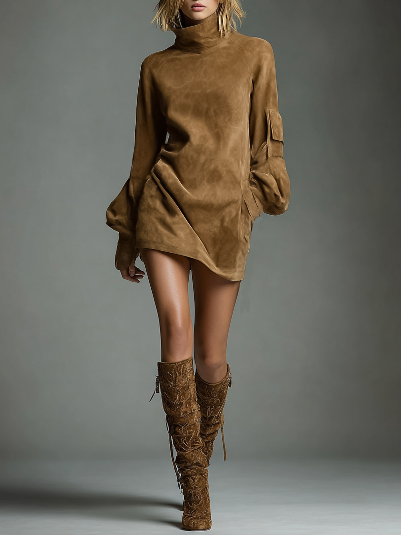 Vintage Suede Turtleneck Loose Mini Dress for Women