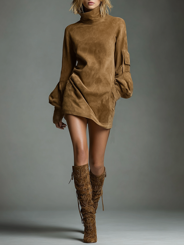 Vintage Suede Turtleneck Loose Mini Dress for Women