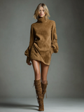 Vintage Suede Turtleneck Loose Mini Dress for Women 4