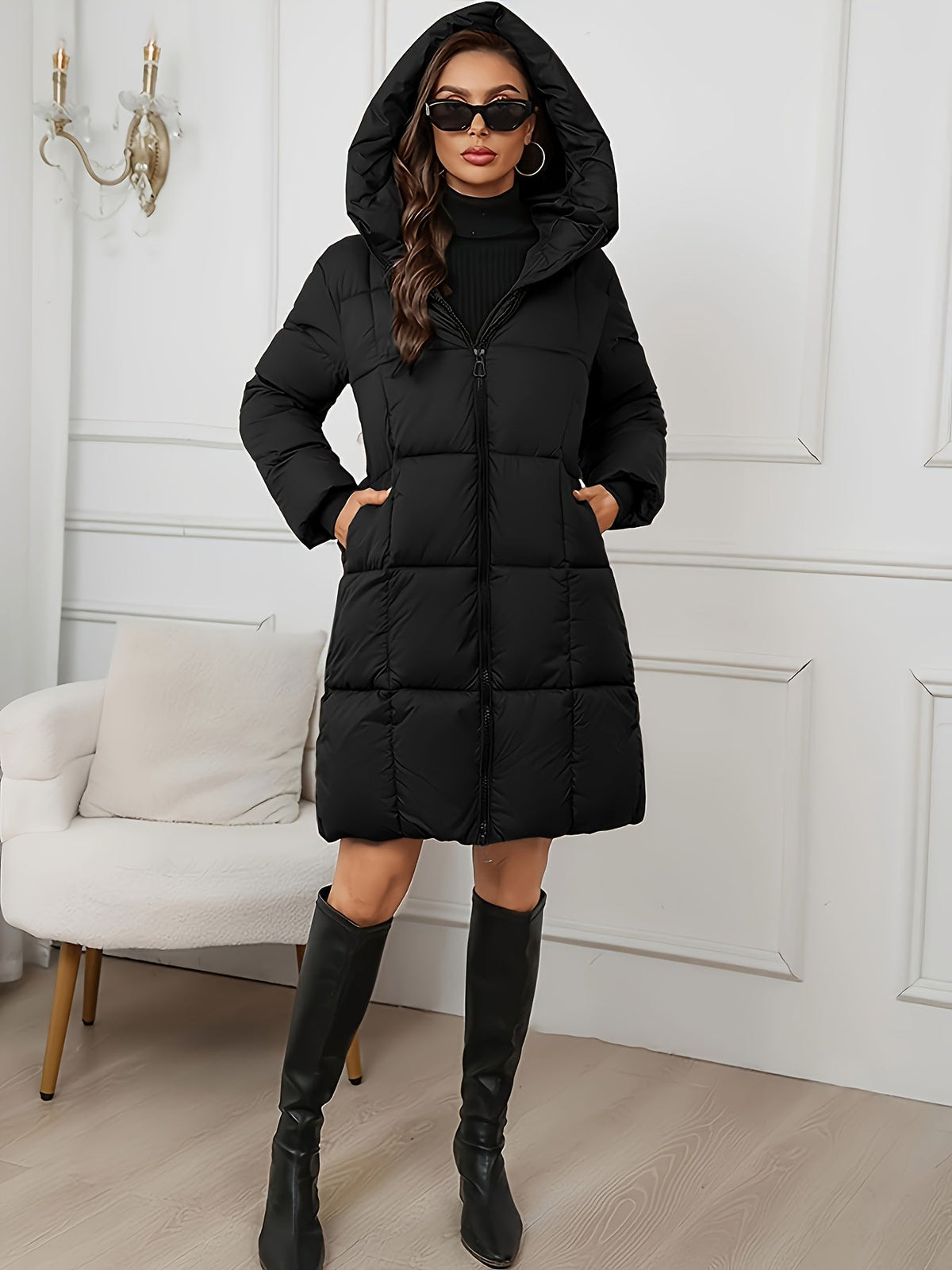 Women's Puffer Coat, Hooded Longline Quilted Winter Coat