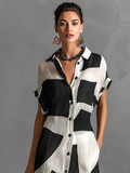 Cotton Linen Geometric Print Lapel Single-Breasted Short Sleeve Maxi Shirt Dress 3