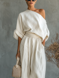 Off-White Linen Off-Shoulder Top and Tapered Pants Co-ord Set 3