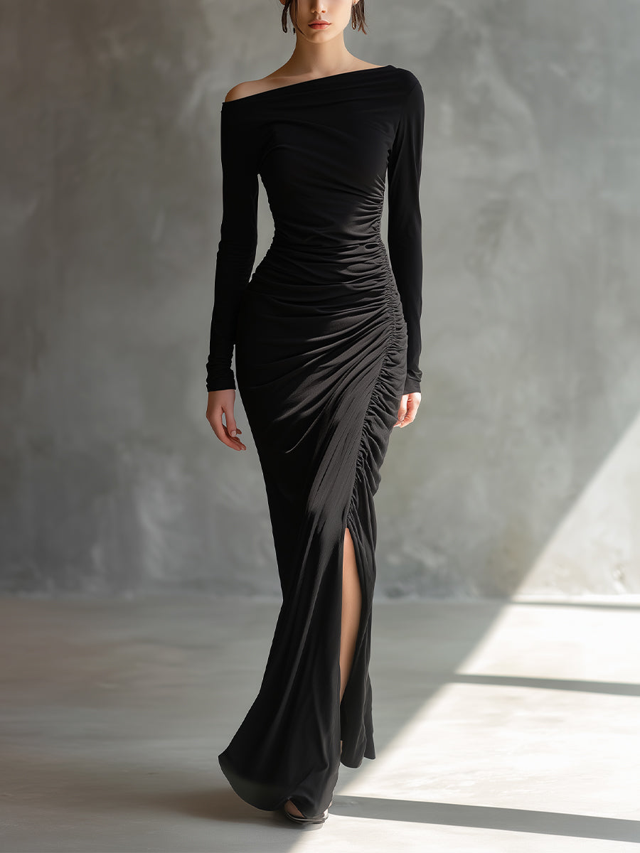 Women's Black Jersey Maxi Dress Off-Shoulder Ruched Slit