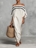 Women's Linen Blend Off-Shoulder Maxi Dress Batwing Sleeve Straight Cut 1