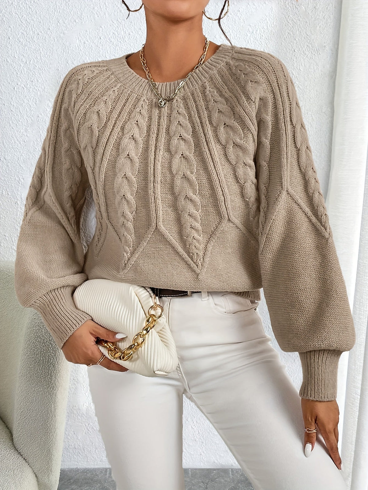 Tilda | Cropped Cable Knit Sweater with Lantern Sleeves for Women