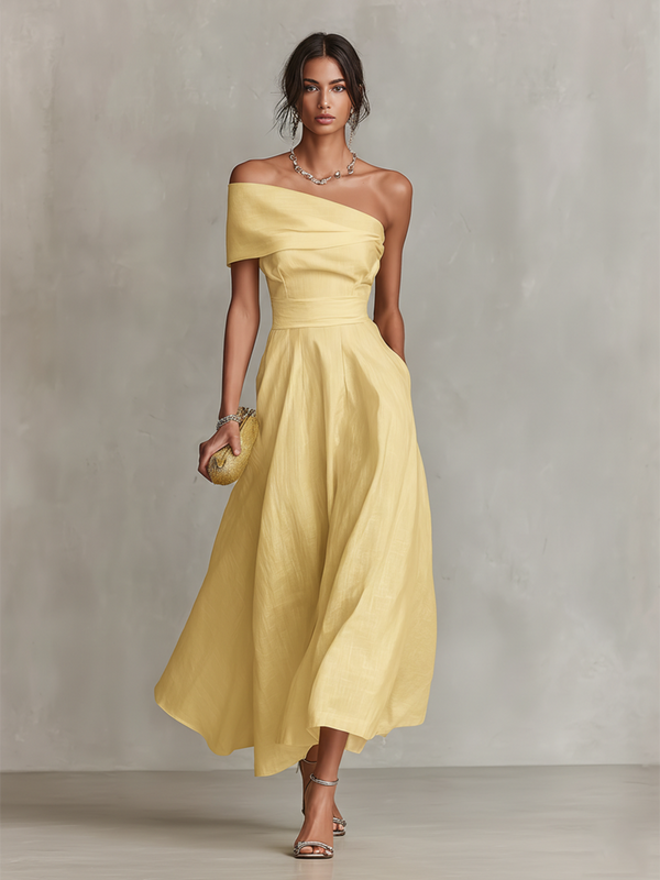 Women's Linen Maxi Dress One Shoulder Relaxed