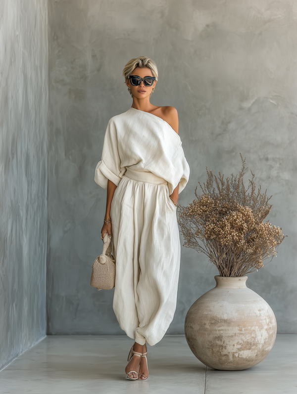 Off-White Linen Off-Shoulder Top and Tapered Pants Co-ord Set