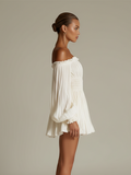 Women's Ivory Pleated Dress Off-Shoulder Ruched Waist Elegant 4