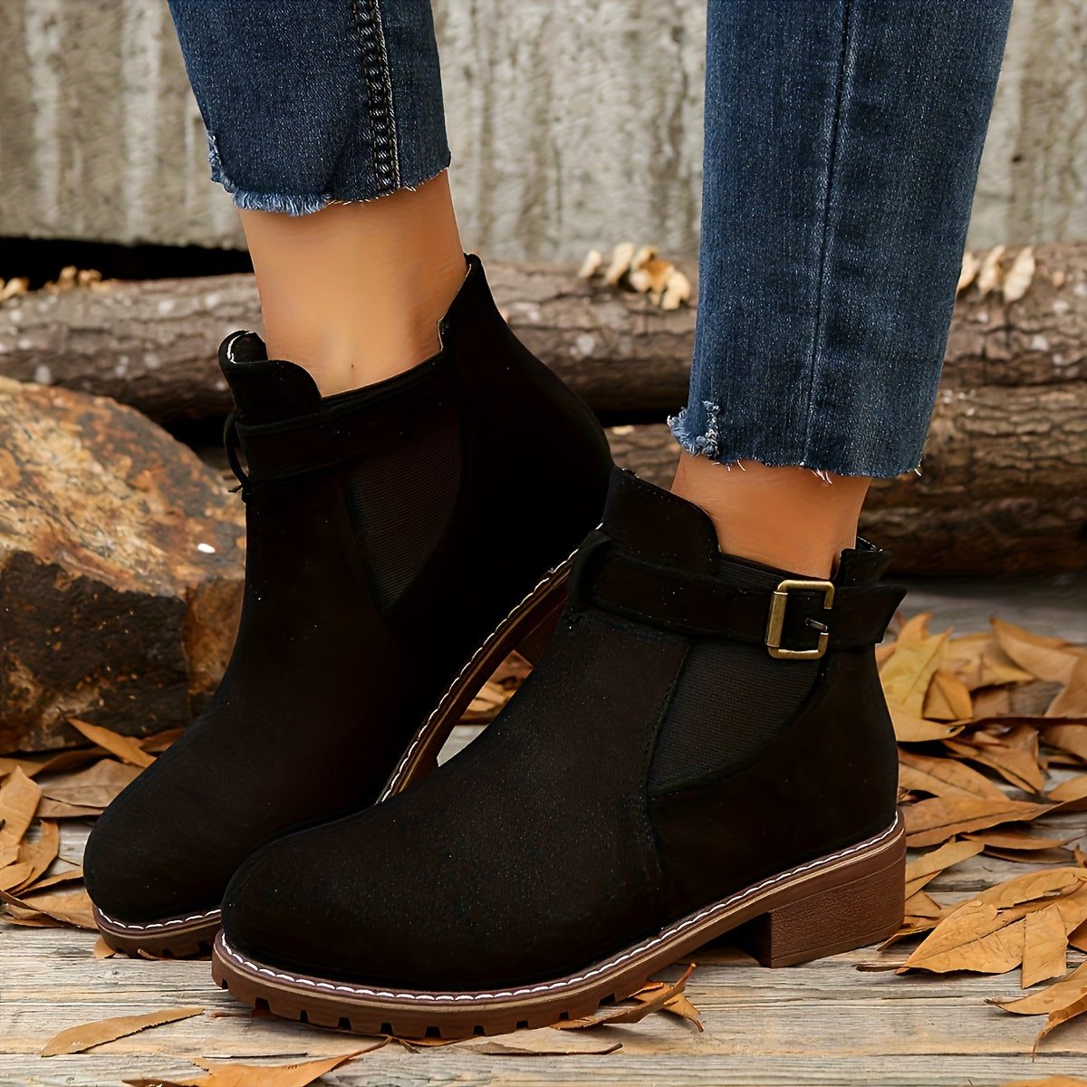 Women's Suede Chelsea Boots, Buckle Strap Block Heel
