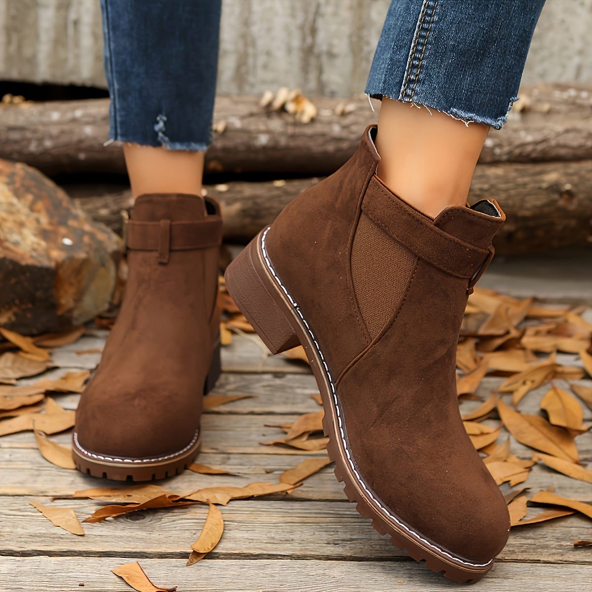 Women's Suede Chelsea Boots, Buckle Strap Block Heel