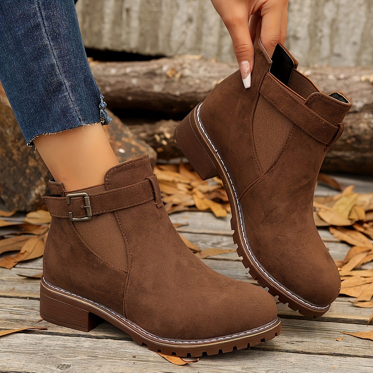 Women's Suede Chelsea Boots, Buckle Strap Block Heel