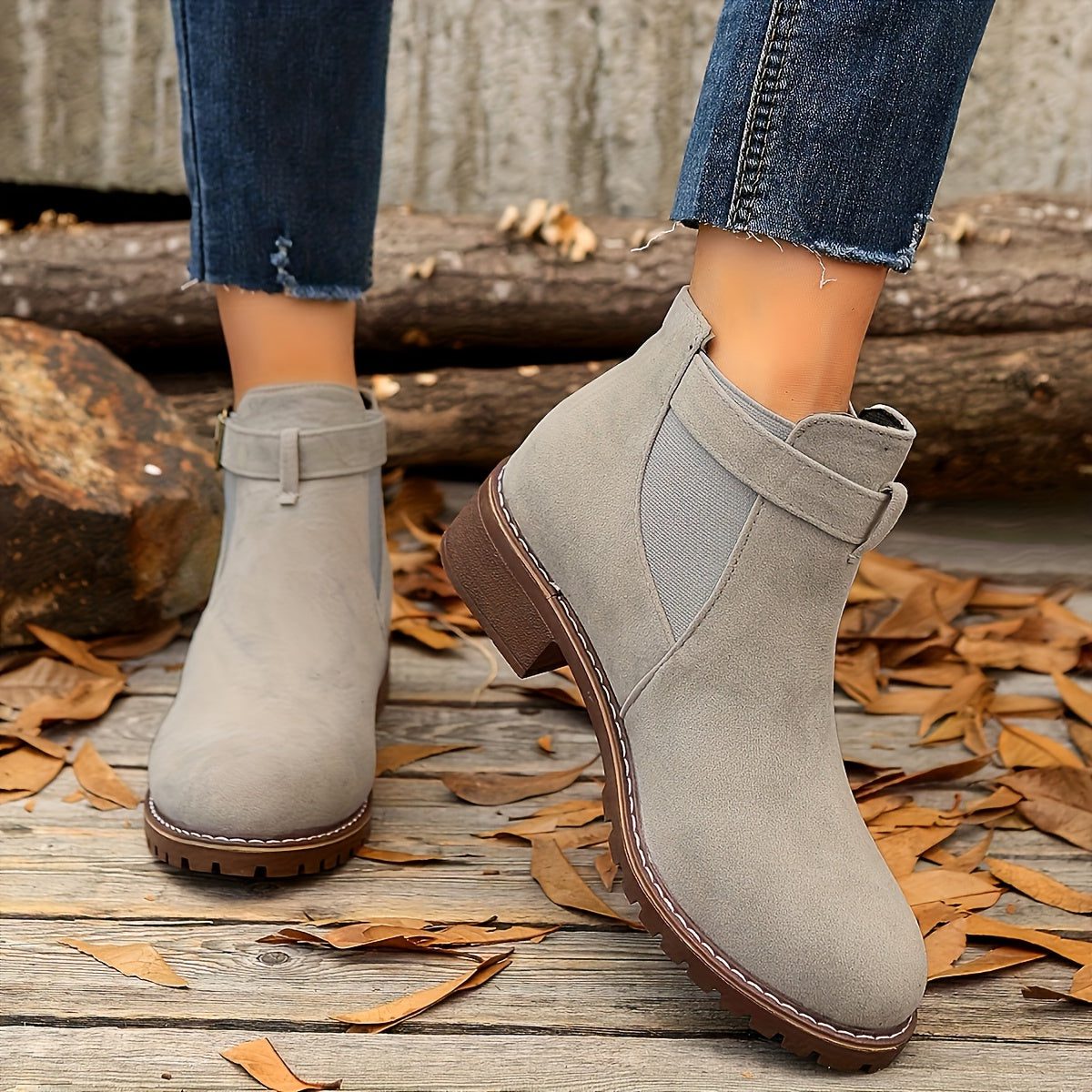 Women's Suede Chelsea Boots, Buckle Strap Block Heel