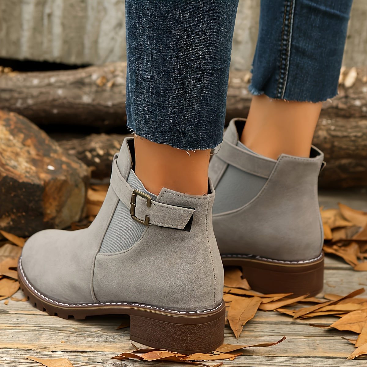 Women's Suede Chelsea Boots, Buckle Strap Block Heel