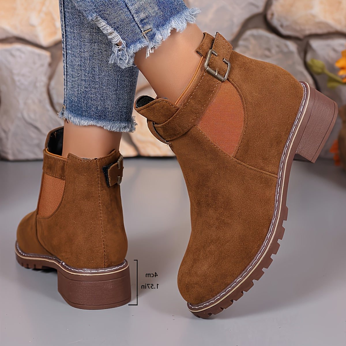 Women's Suede Chelsea Boots, Buckle Strap Block Heel