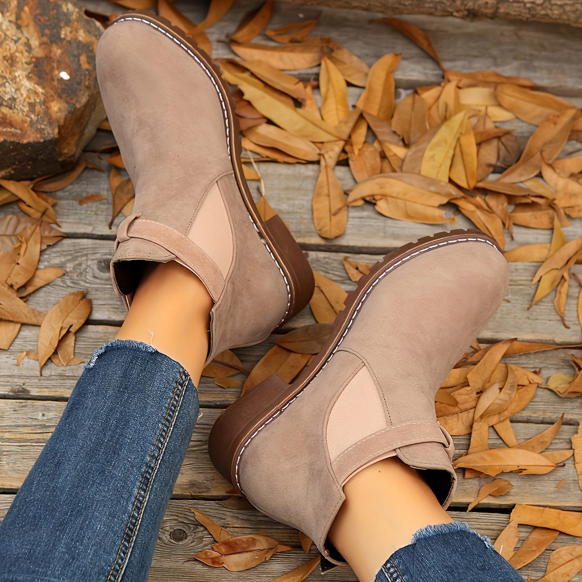 Women's Suede Chelsea Boots, Buckle Strap Block Heel