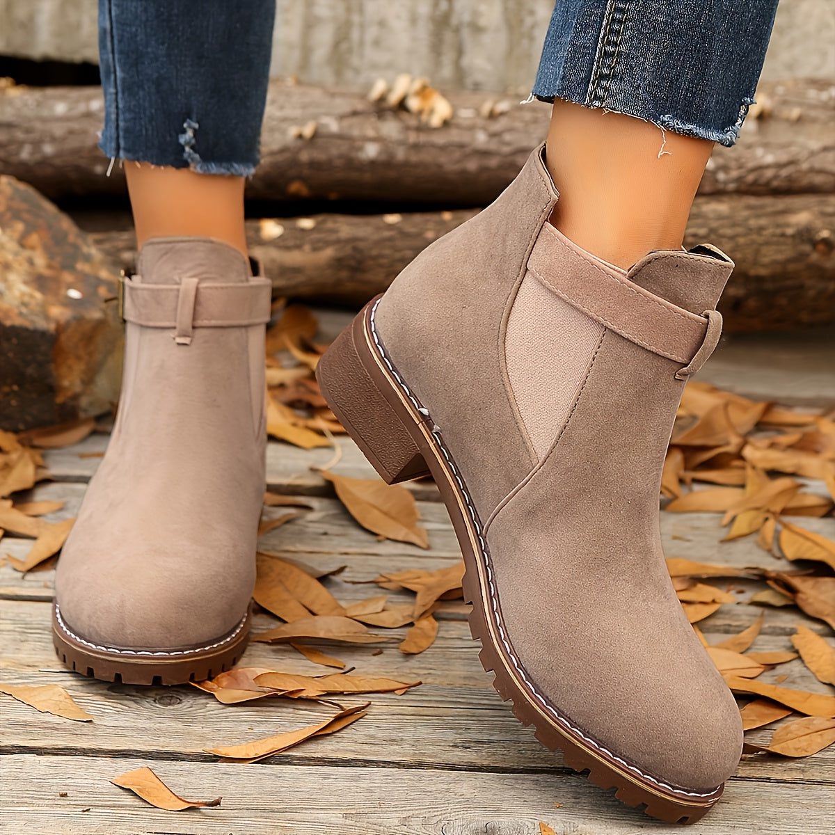 Women's Suede Chelsea Boots, Buckle Strap Block Heel