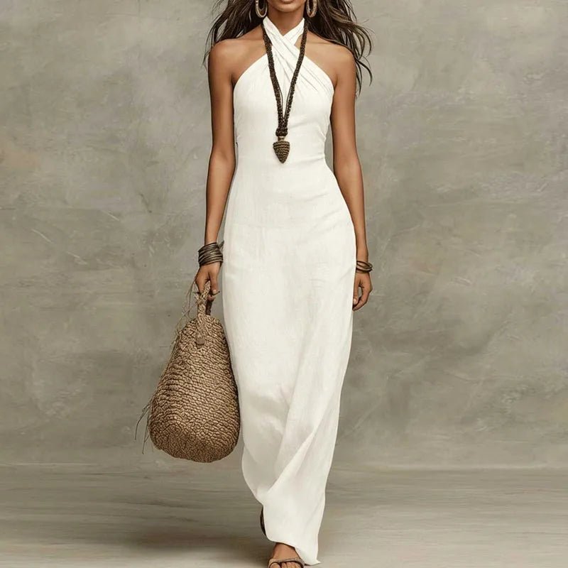 Halter Maxi Dress Sleeveless Criss Cross Neckline Bohemian