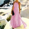 Halter Neck Maxi Dress Polka Dot Backless Pleated Boho 1