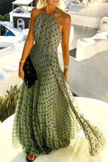 Halter Neck Maxi Dress Polka Dot Backless Pleated Boho 2