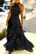 Halter Neck Maxi Dress Polka Dot Backless Pleated Boho 4
