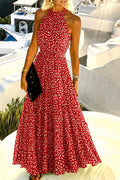 Halter Neck Maxi Dress Polka Dot Backless Pleated Boho 5