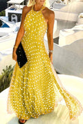Halter Neck Maxi Dress Polka Dot Backless Pleated Boho 6