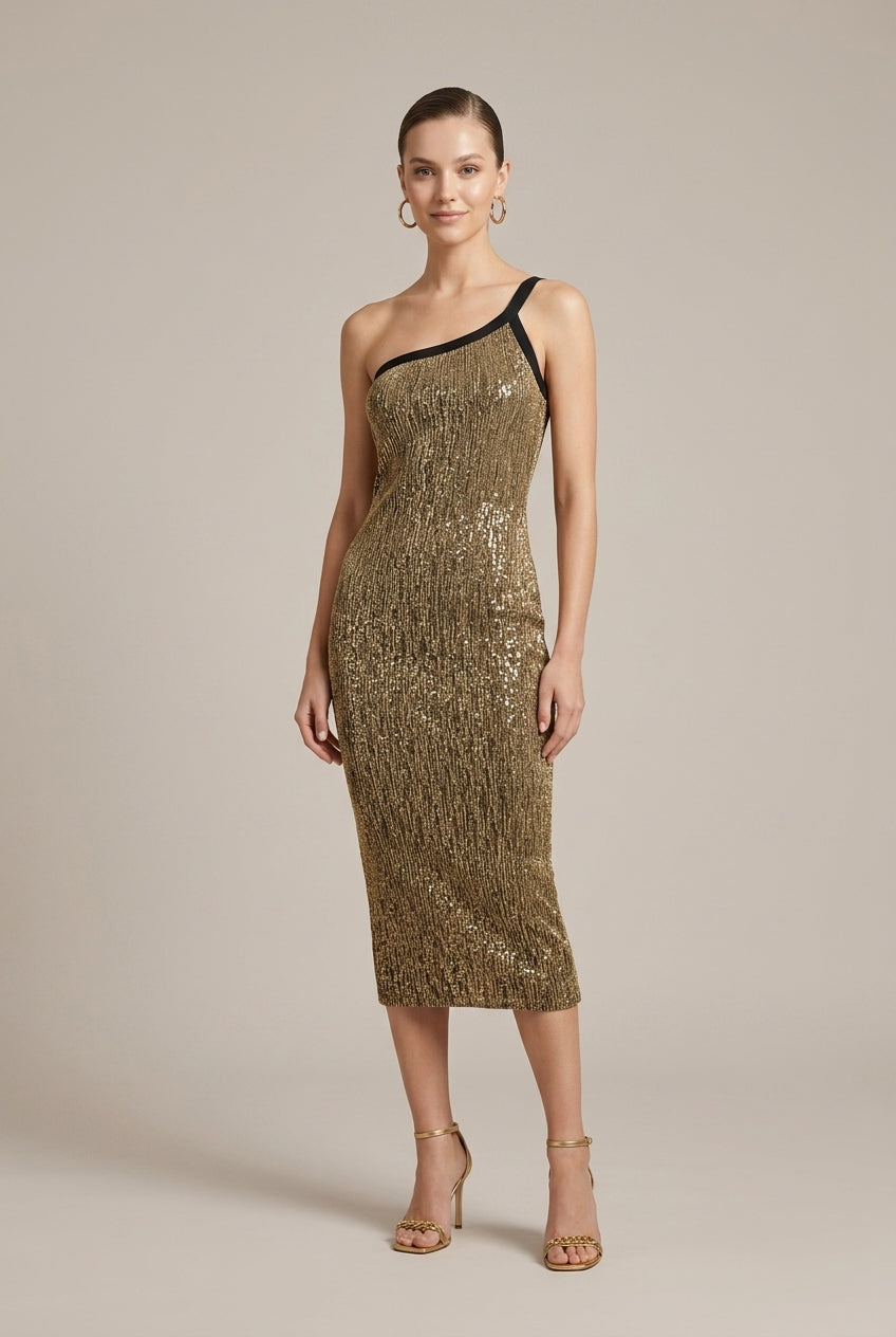 Bodycon Cocktail Dress Sequined One Shoulder Metallic