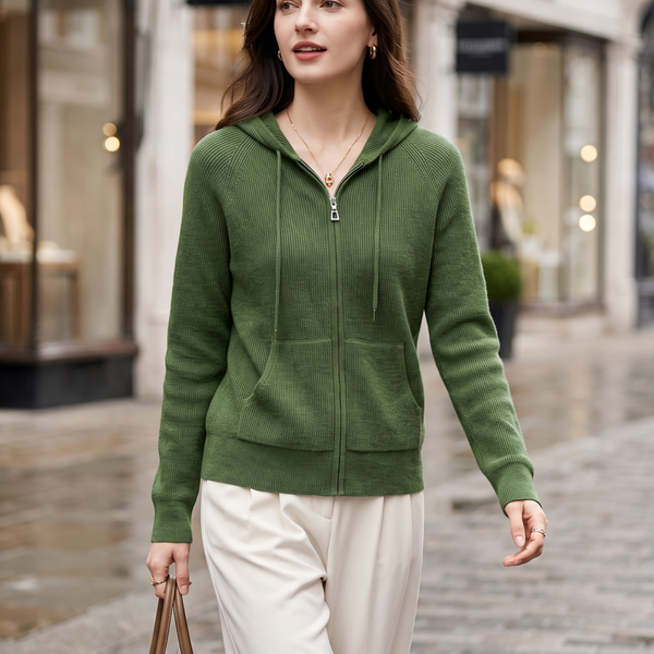 Ingrid | Sporty Women's Wool Ribbed Hood Cardigan